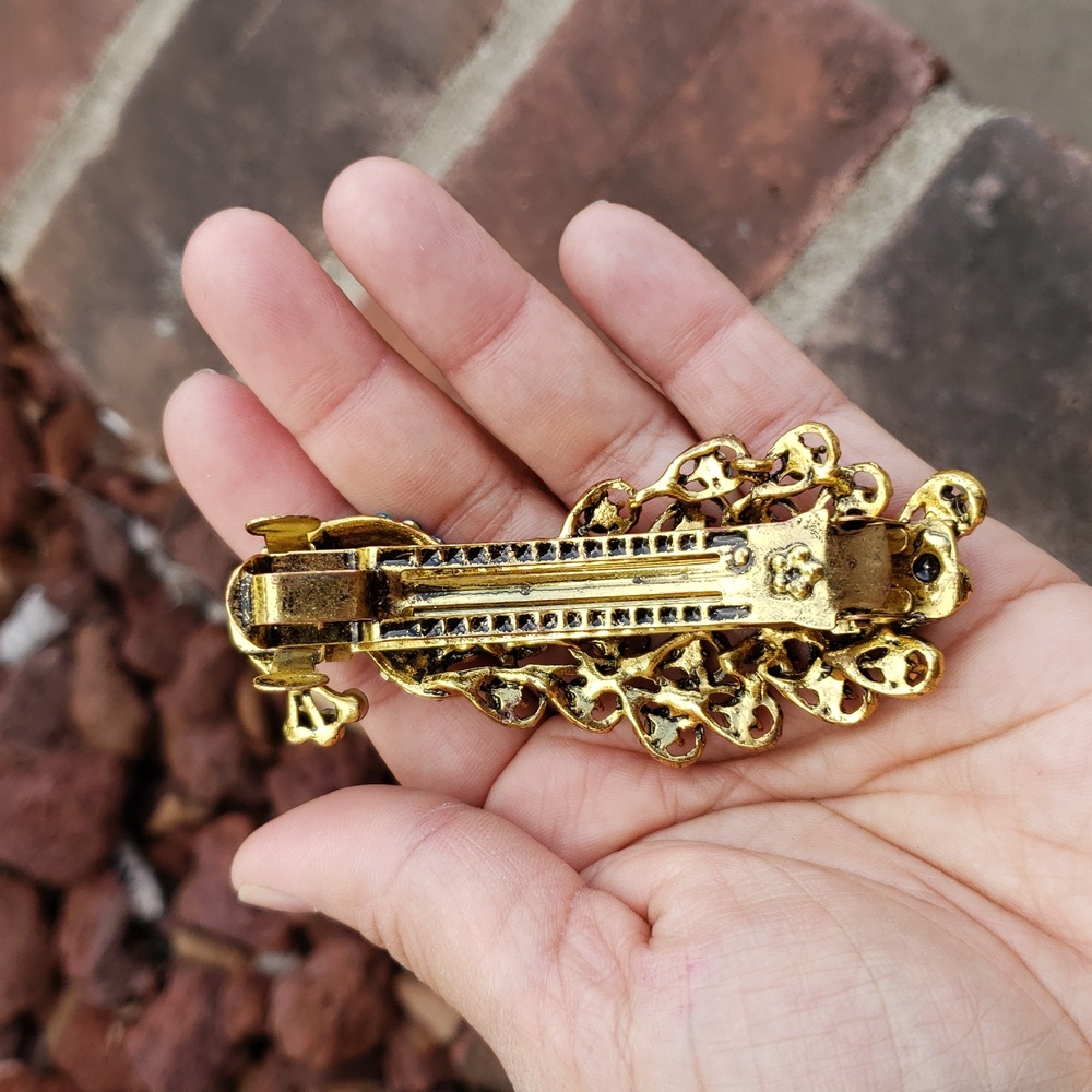 Vintage Womens Hair Barrette Peacock Rhinestone Hair Clip Victorian Timeless - Picture 3 of 13